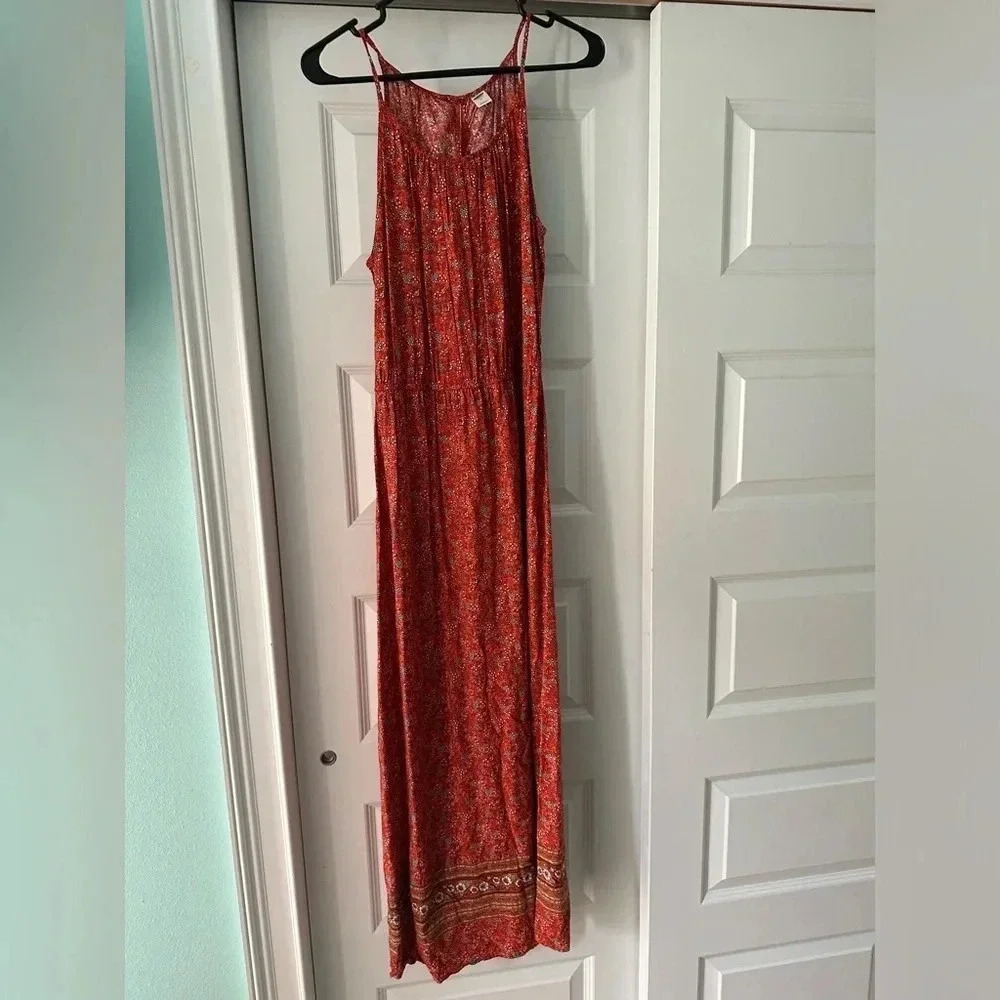 Old Navy Dress Women’s Medium Orange Floral Maxi Dress Boho Cottage Core EEUC!